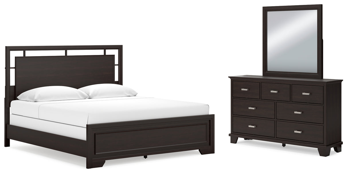 Covetown Dark Brown King Panel Bed with Mirrored Dresser from Ashley - Luna Furniture