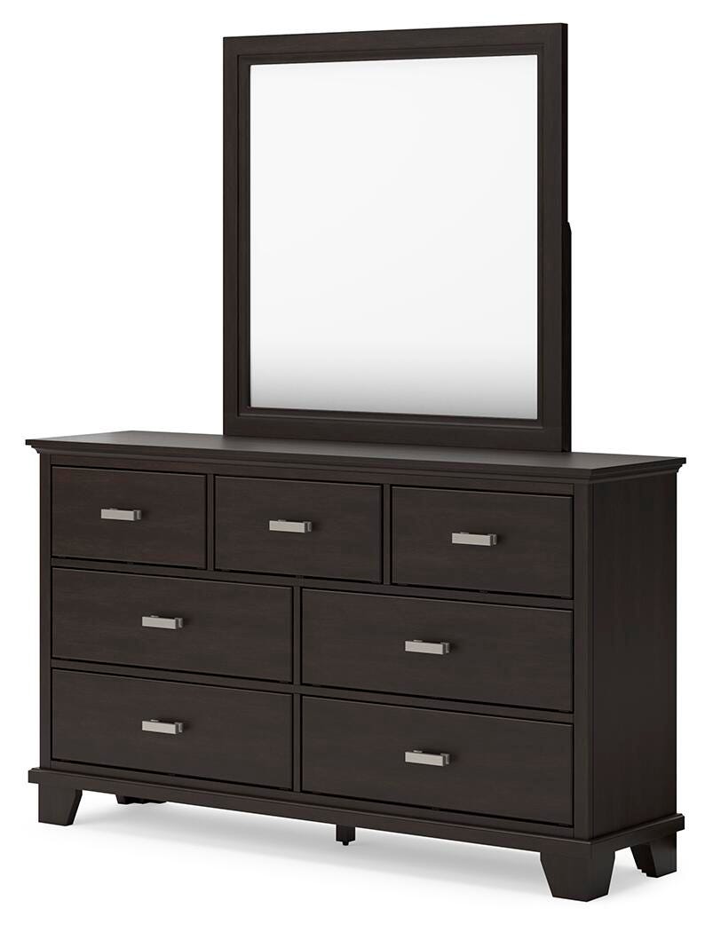 Covetown California King Panel Bed with Mirrored Dresser in Dark Brown