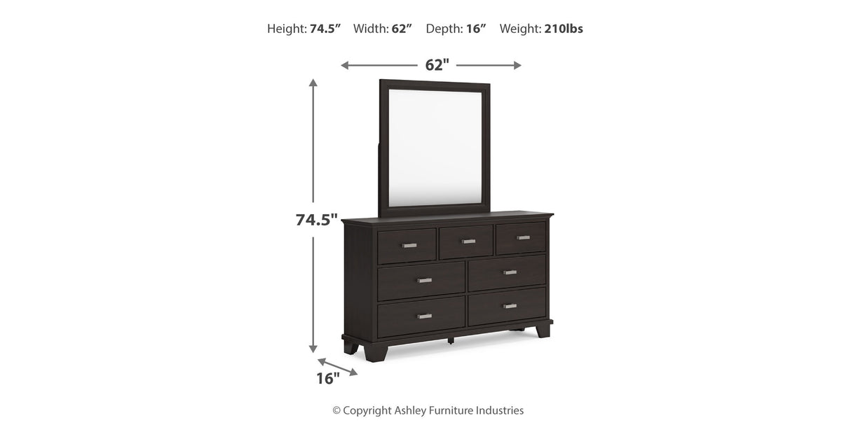 Covetown Queen Panel Bed with Mirrored Dresser and Nightstand in Dark Brown from Ashley Furniture - Luna Furniture