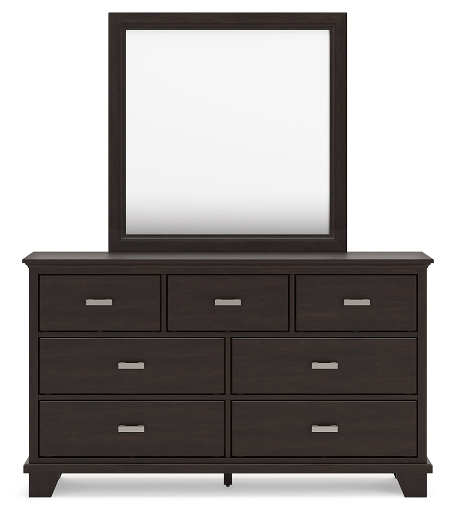 Covetown Dark Brown King Panel Bed with Mirrored Dresser from Ashley - Luna Furniture