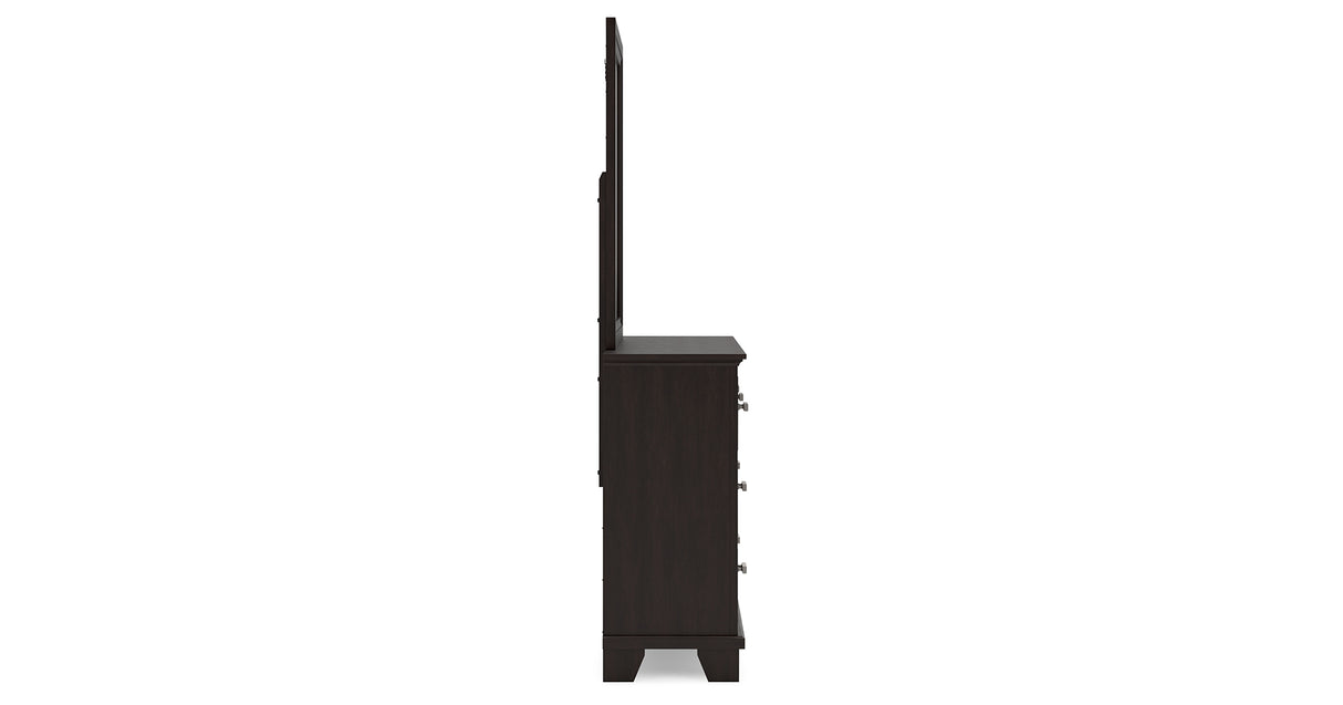 Covetown Queen Panel Bed with Mirrored Dresser and Nightstand in Dark Brown from Ashley Furniture - Luna Furniture