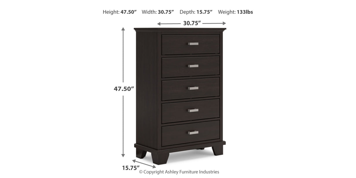 Covetown California King Panel Bed with Mirrored Dresser, Chest and Nightstand in Dark Brown from Ashley Furniture - Luna Furniture