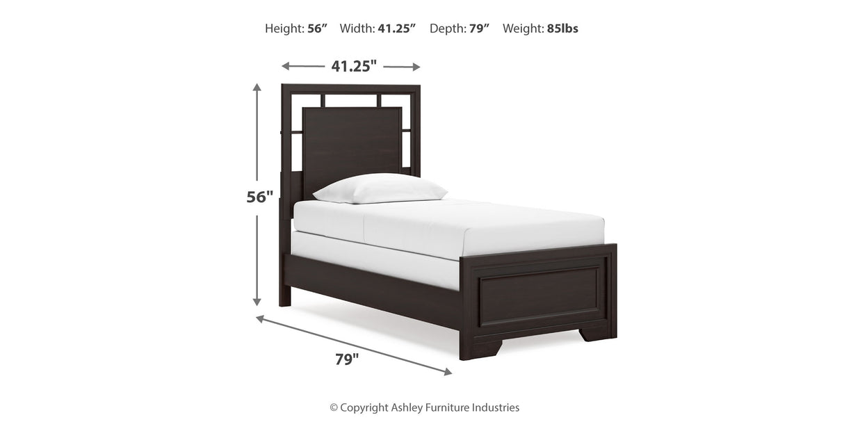 Covetown Twin Panel Bed with Mirrored Dresser, Chest and Nightstand in Dark Brown from Ashley Furniture - Luna Furniture