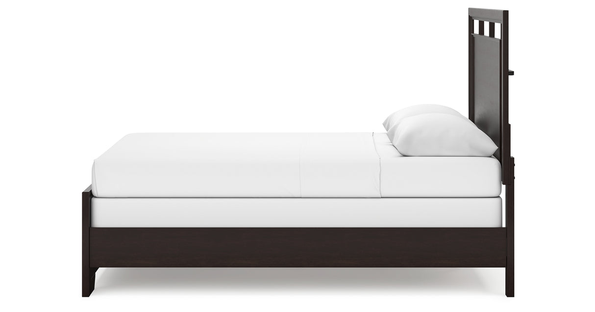 Covetown Queen Panel Bed with Mirrored Dresser and Nightstand in Dark Brown from Ashley Furniture - Luna Furniture