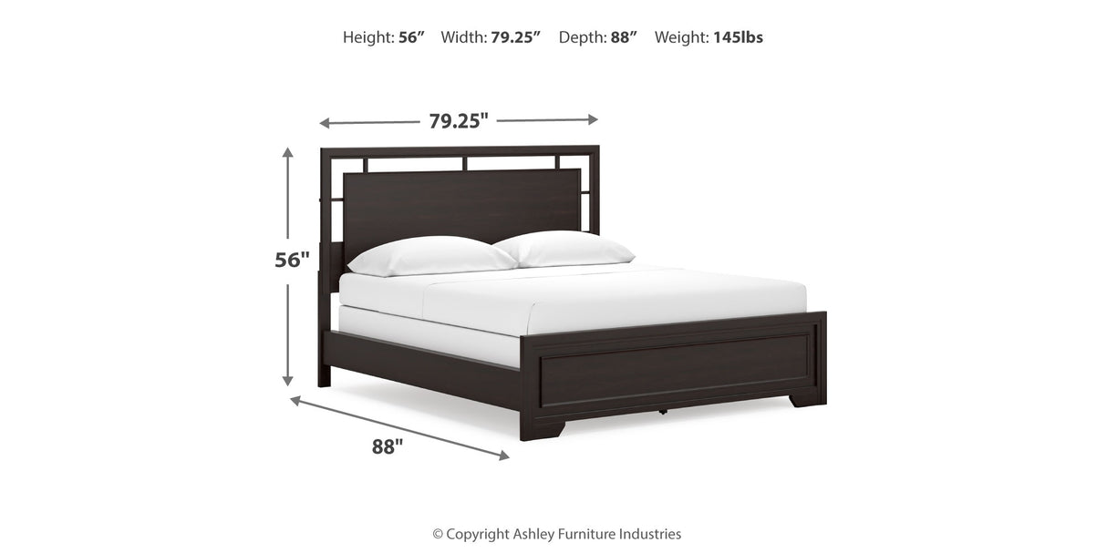 Covetown California King Panel Bed with Mirrored Dresser, Chest and Nightstand in Dark Brown from Ashley Furniture - Luna Furniture