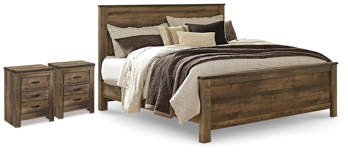 Trinell Brown King Panel Bed and 2 Nightstands