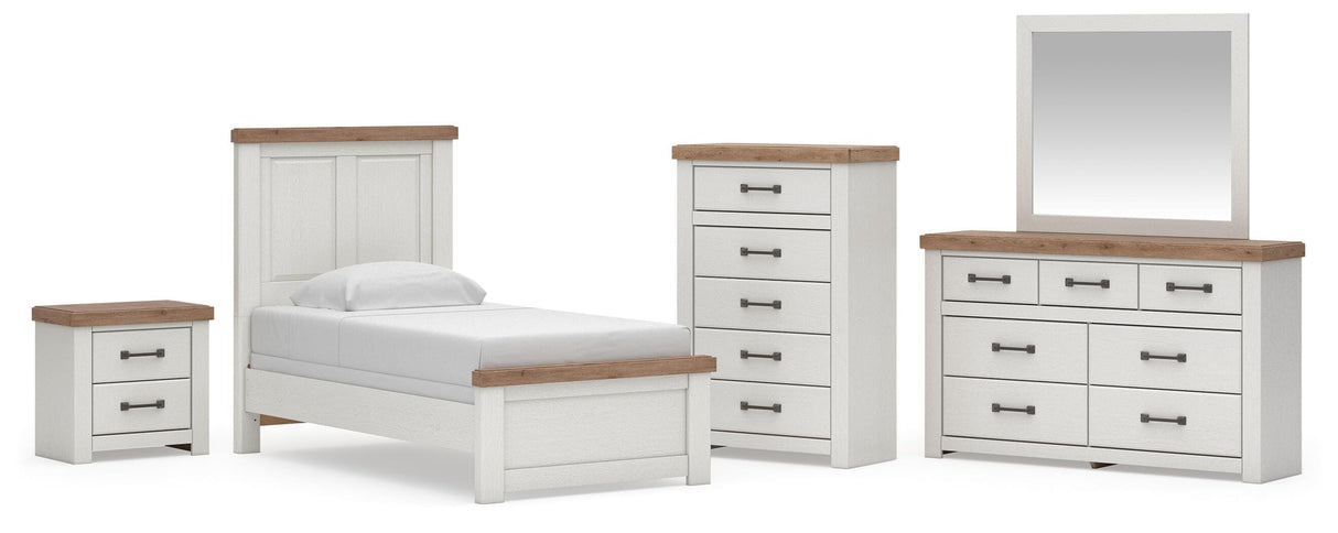 Savonport White/Brown Twin Panel Bed, Dresser, Mirror, Chest and Nightstand from Ashley - Luna Furniture