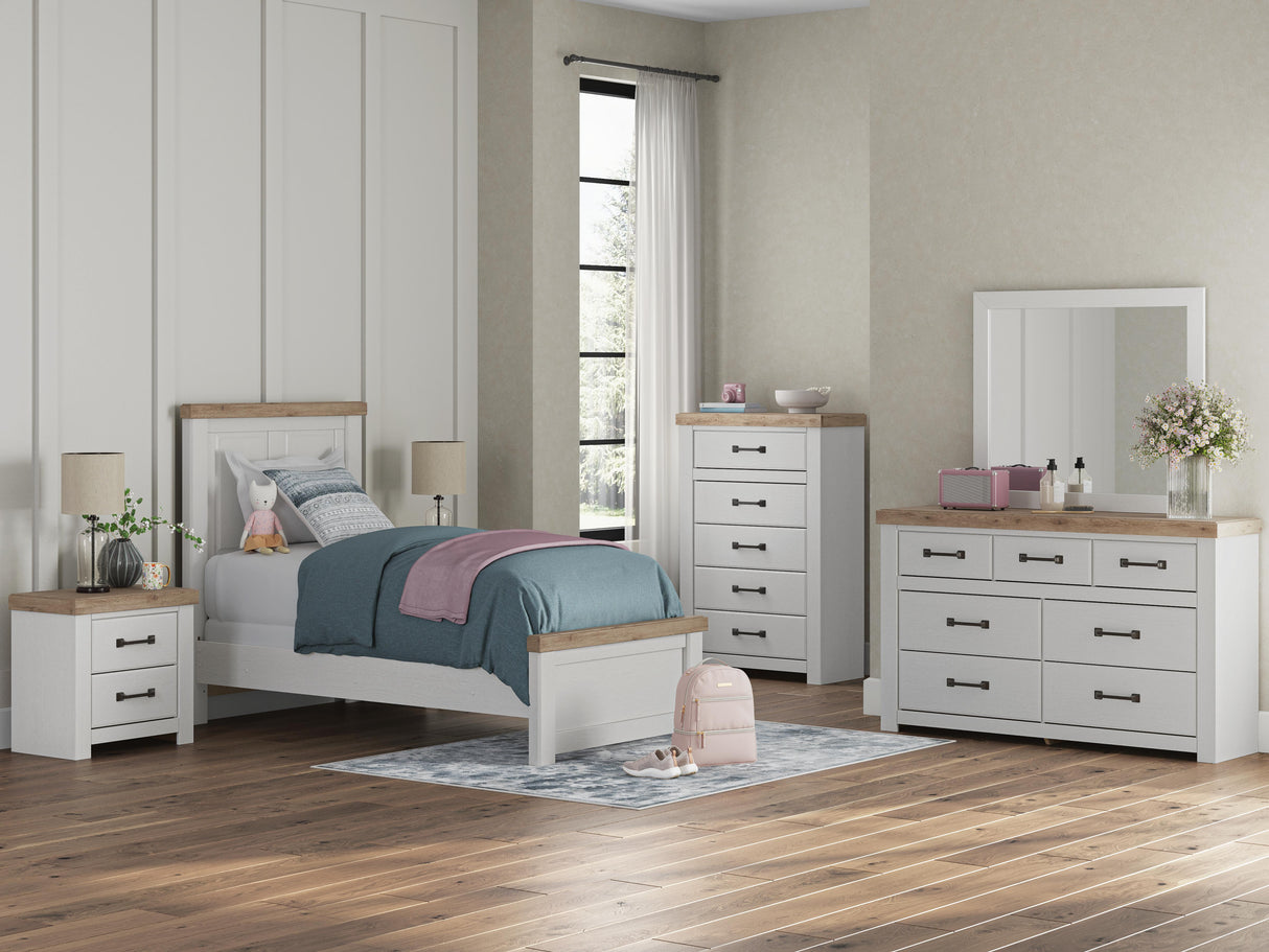 Savonport White/Brown Twin Panel Bed, Dresser, Mirror, Chest and Nightstand from Ashley - Luna Furniture