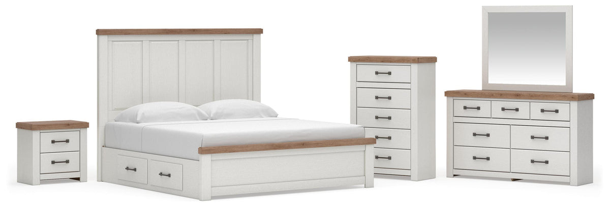 Savonport White/Brown King Panel Storage Bed, Dresser, Mirror and Chest with Nightstand from Ashley - Luna Furniture