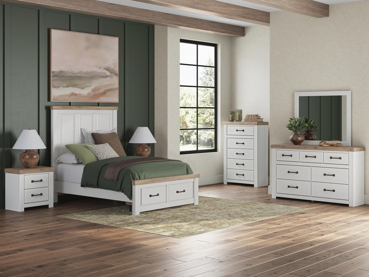 Savonport White/Brown Full Panel Storage Bed, Dresser, Mirror and Chest with Nightstand from Ashley - Luna Furniture