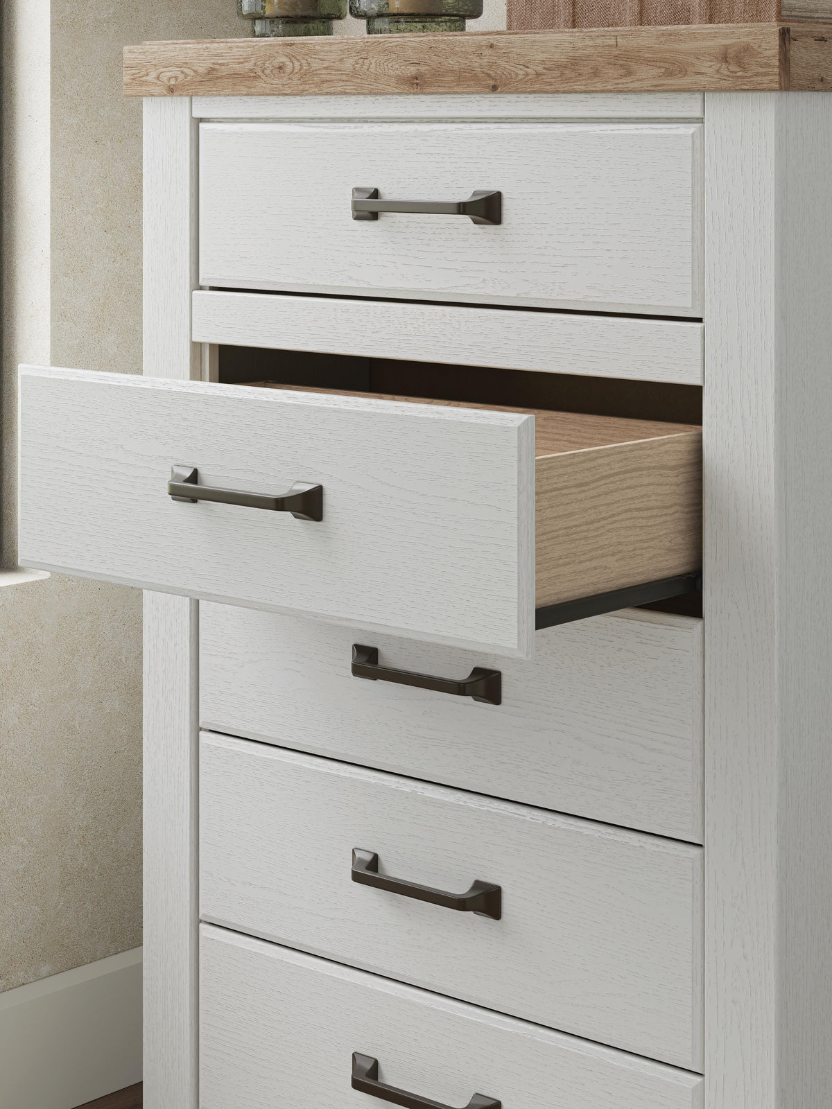 Savonport White/Brown King Panel Bed, Dresser, Mirror and Chest from Ashley - Luna Furniture