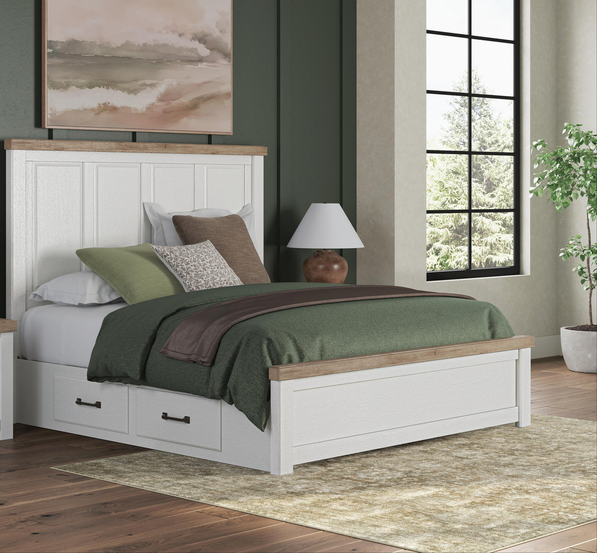 Savonport White/Brown King Panel Storage Bed, Dresser and Mirror from Ashley - Luna Furniture