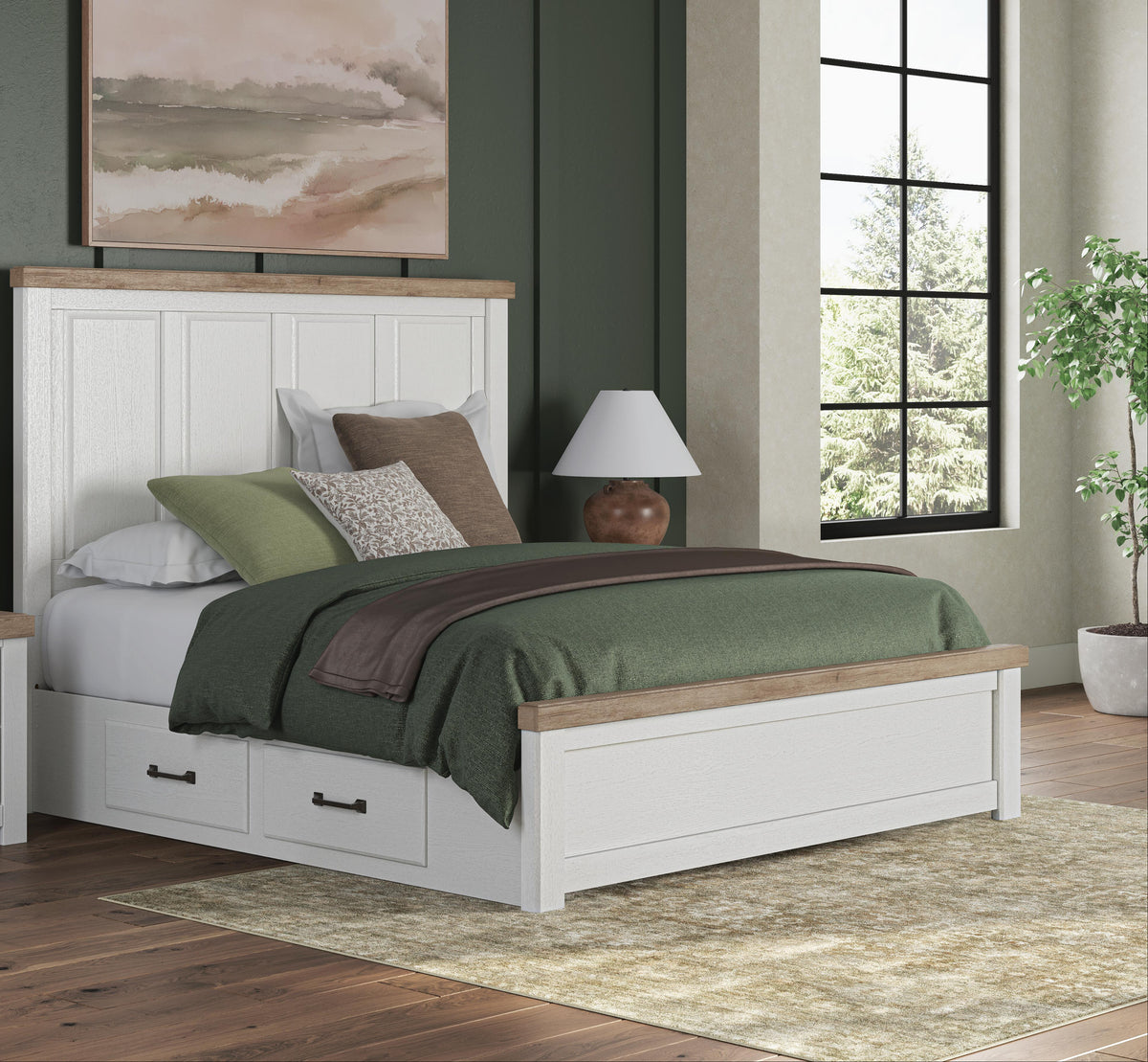 Savonport White/Brown King Panel Storage Bed, Dressr and Mirror with Chest from Ashley - Luna Furniture