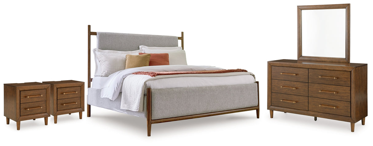 Lyncott Brown/Beige Queen Upholstered Bed, Dresser, Mirror and 2 Nightstands from Ashley Furniture - Luna Furniture