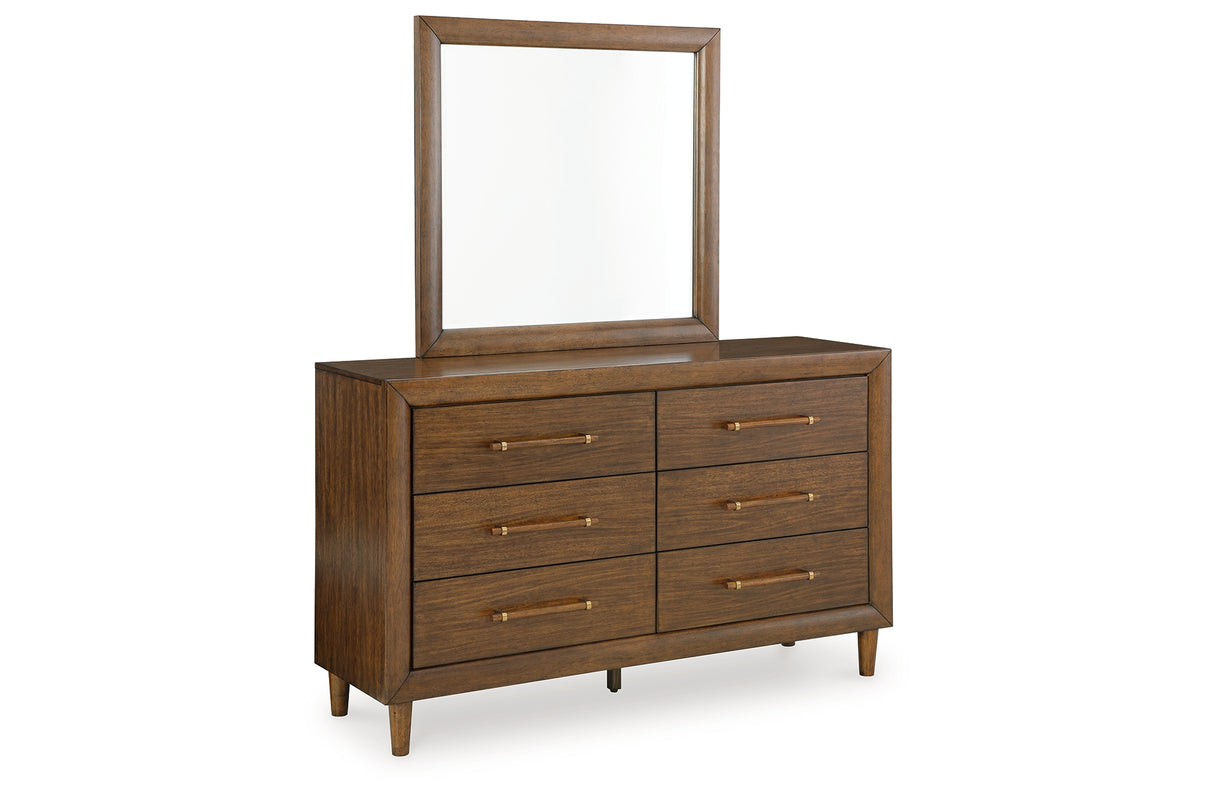Lyncott California King Upholstered Bed with Mirrored Dresser and Nightstand in Brown from Ashley - Luna Furniture