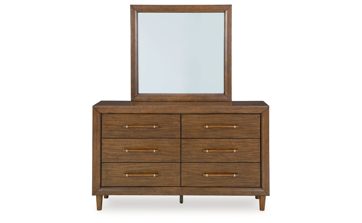 Lyncott California King Upholstered Bed with Mirrored Dresser and Nightstand in Brown from Ashley - Luna Furniture