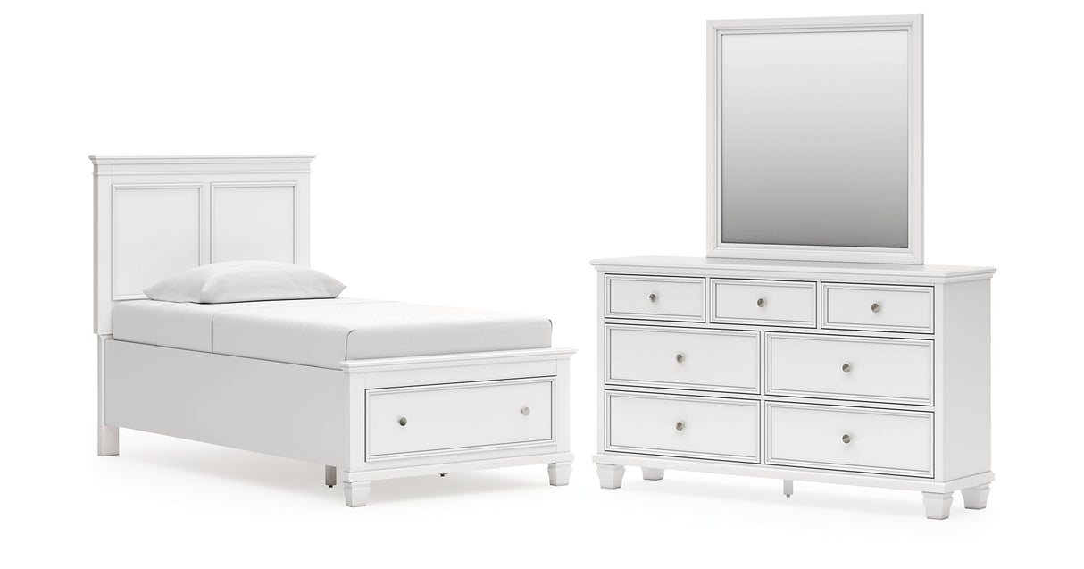 Fortman Twin Panel Storage Bed with Mirrored Dresser in White from Ashley - Luna Furniture