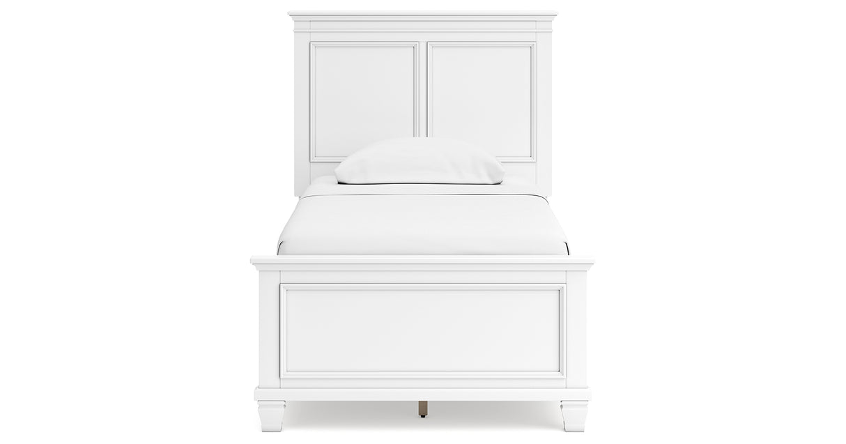 Fortman Twin Panel Bed with Mirrored Dresser, Chest and 2 Nightstands in White from Ashley Furniture - Luna Furniture