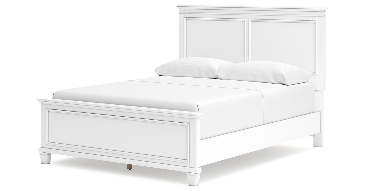 Fortman Queen Panel Bed with Mirrored Dresser and Chest in White from Ashley Furniture - Luna Furniture