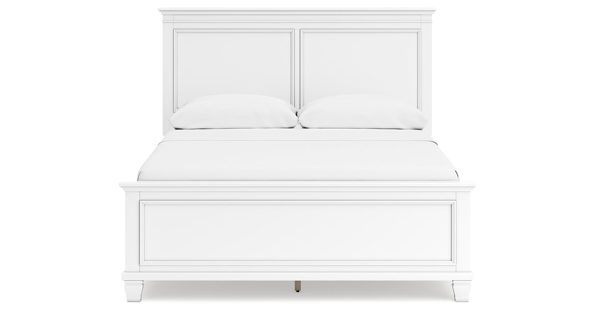 Fortman Queen Panel Bed with Mirrored Dresser and Chest in White from Ashley Furniture - Luna Furniture