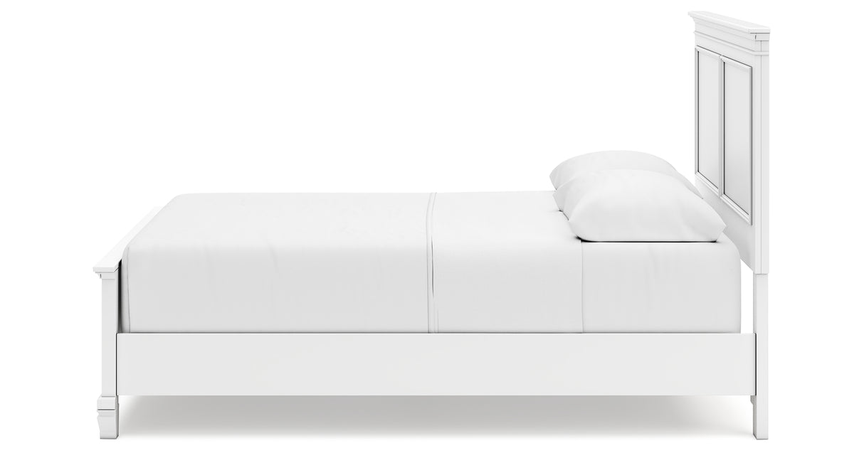 Fortman Queen Panel Bed with Mirrored Dresser and Chest in White from Ashley Furniture - Luna Furniture