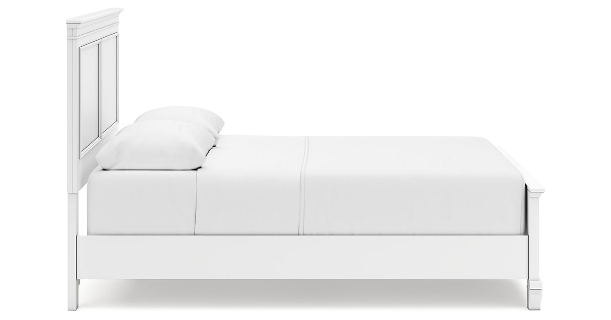 Fortman Queen Panel Bed with Mirrored Dresser and Chest in White from Ashley Furniture - Luna Furniture