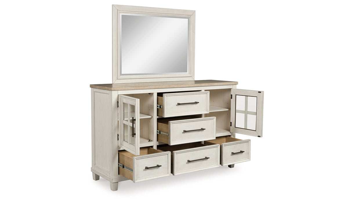 Shaybrock California King Panel Bed with Mirrored Dresser, Chest and 2 Nightstands in Antique White from Ashley Furniture - Luna Furniture