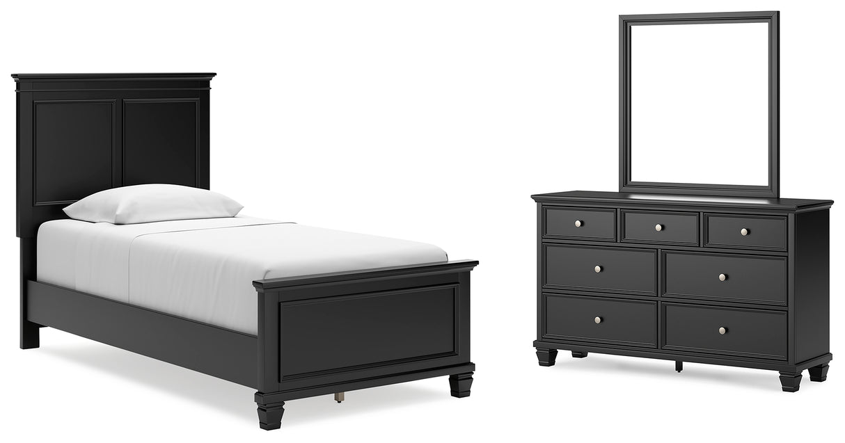 Lanolee Twin Panel Bed with Mirrored Dresser in Black from Ashley - Luna Furniture
