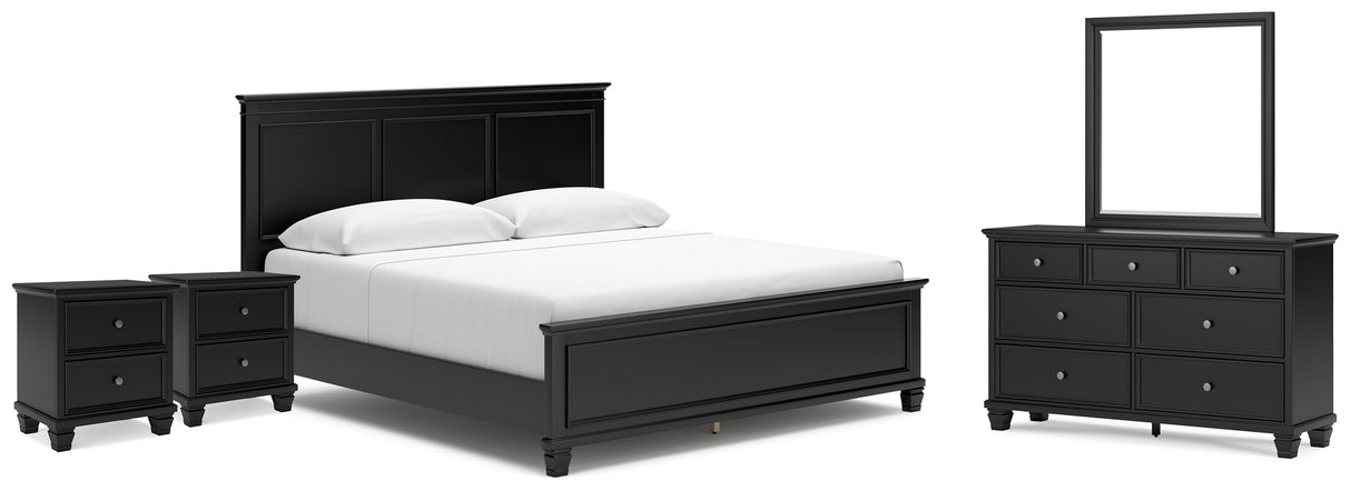 Lanolee King Panel Bed with Mirrored Dresser and 2 Nightstands in Black from Ashley Furniture - Luna Furniture