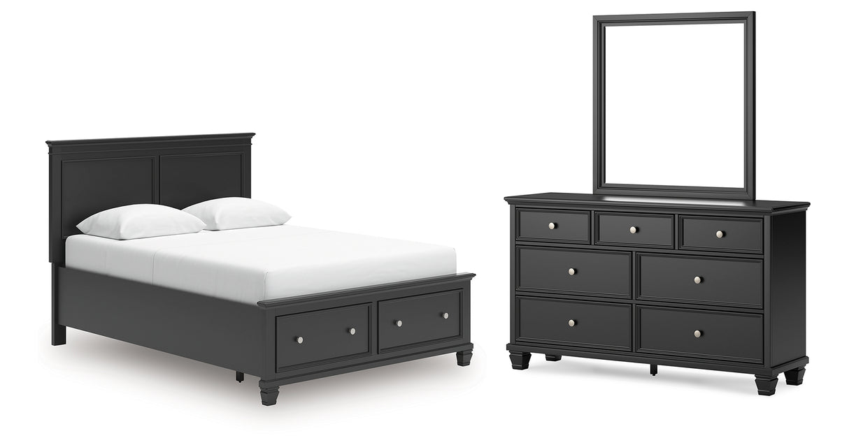 Lanolee Queen Panel Storage Bed with Mirrored Dresser in Black from Ashley Furniture - Luna Furniture