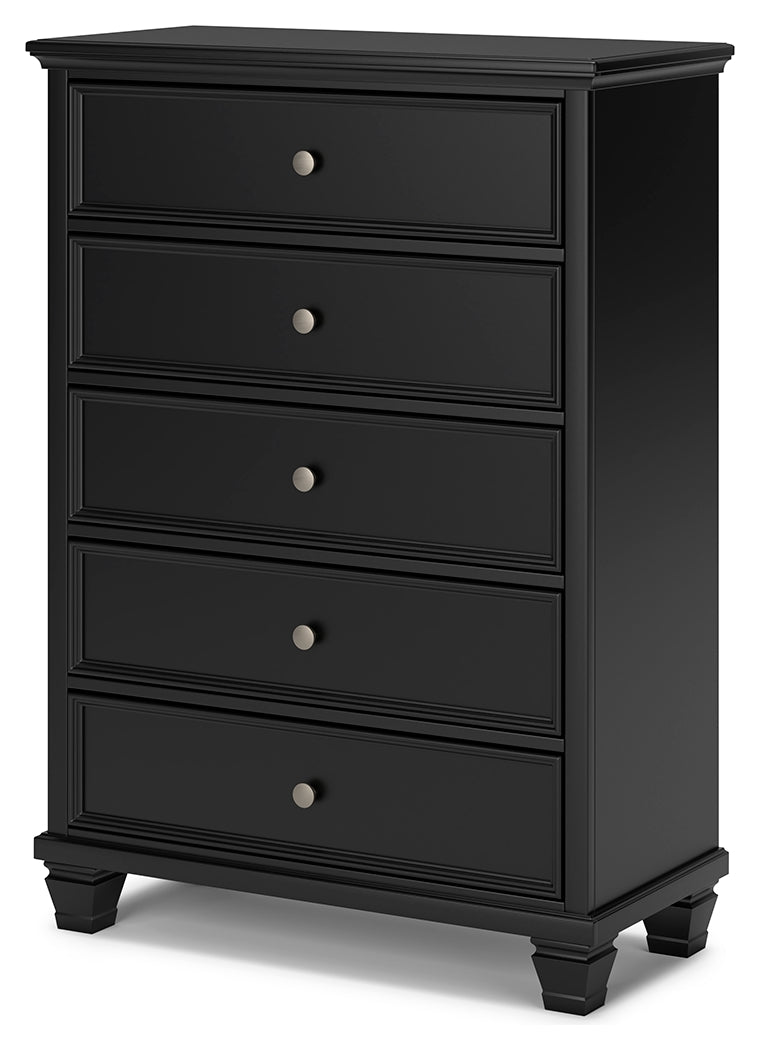 Lanolee King Panel Bed with Mirrored Dresser, Chest and 2 Nightstands in Black from Ashley - Luna Furniture