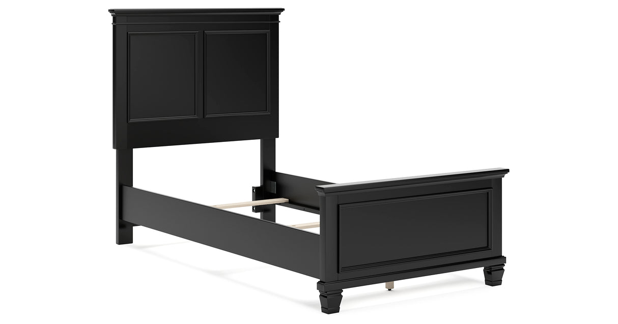 Lanolee Twin Panel Bed with Mirrored Dresser, Chest and 2 Nightstands in Black from Ashley Furniture - Luna Furniture