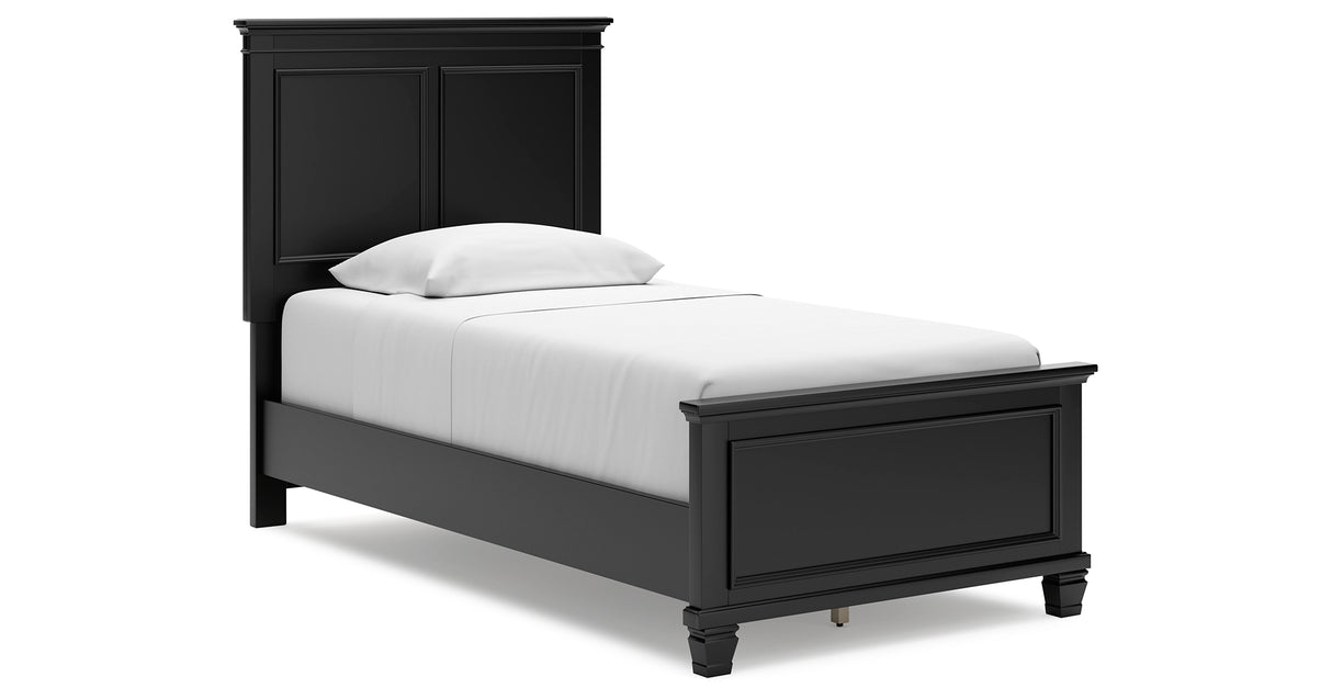 Lanolee Twin Panel Bed with Mirrored Dresser, Chest and 2 Nightstands in Black from Ashley Furniture - Luna Furniture
