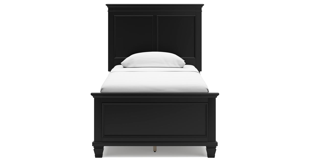 Lanolee Twin Panel Bed with Mirrored Dresser, Chest and 2 Nightstands in Black from Ashley Furniture - Luna Furniture