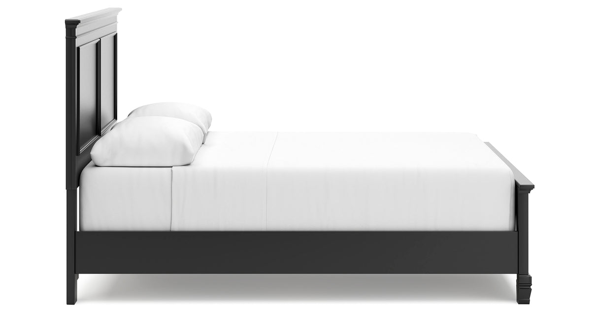 Lanolee Queen Panel Bed with Mirrored Dresser, Chest and 2 Nightstands in Black from Ashley Furniture - Luna Furniture