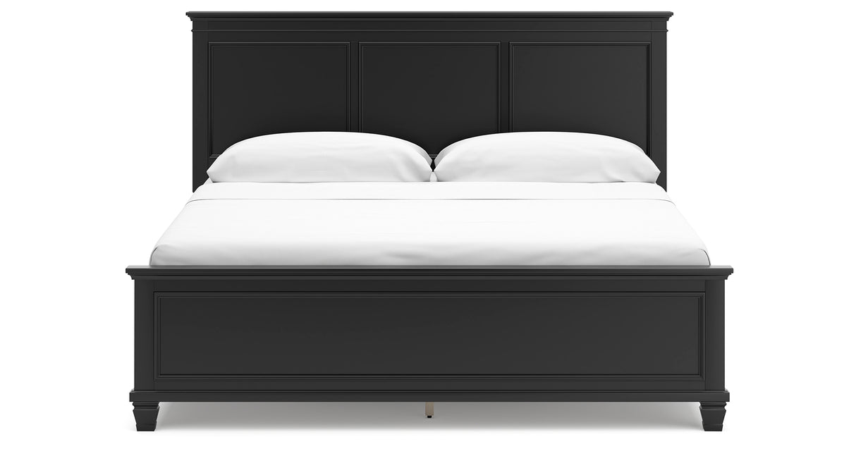 Lanolee California King Panel Bed with Mirrored Dresser, Chest and 2 Nightstands in Black from Ashley Furniture - Luna Furniture