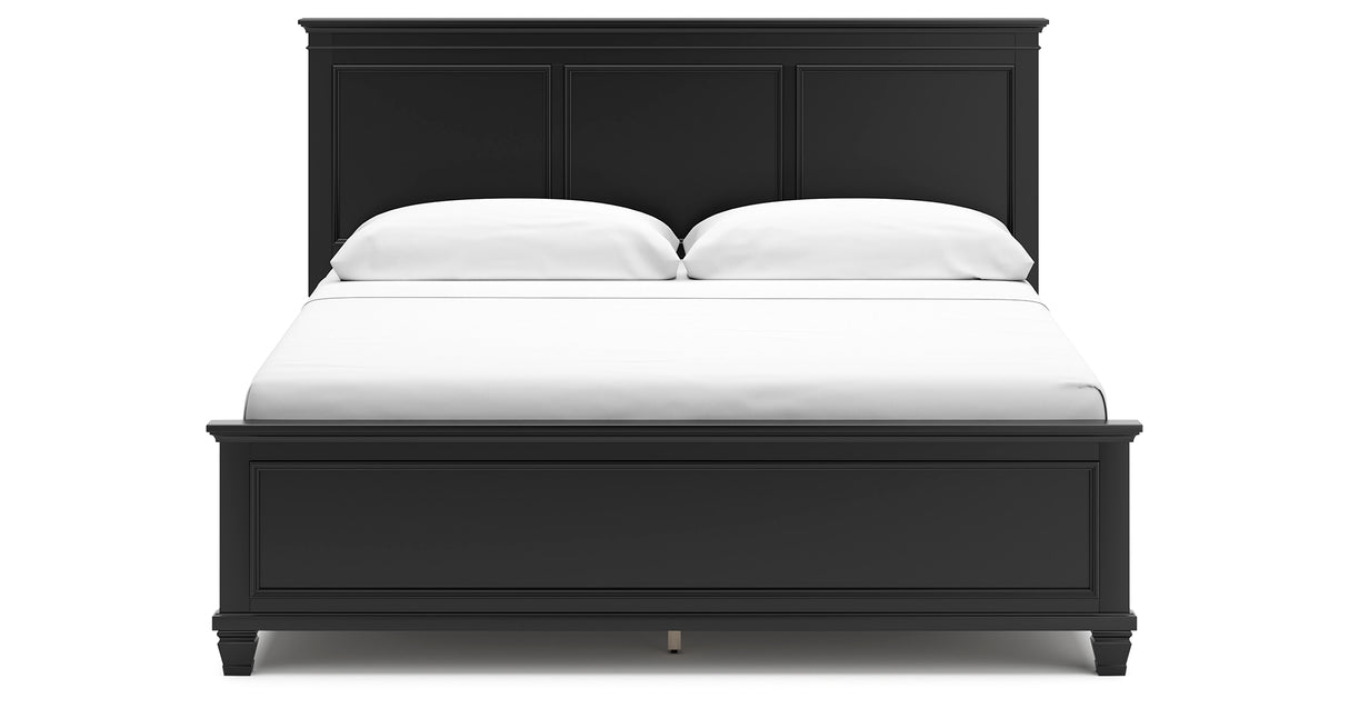 Lanolee King Panel Bed with Mirrored Dresser, Chest and 2 Nightstands in Black from Ashley Furniture - Luna Furniture