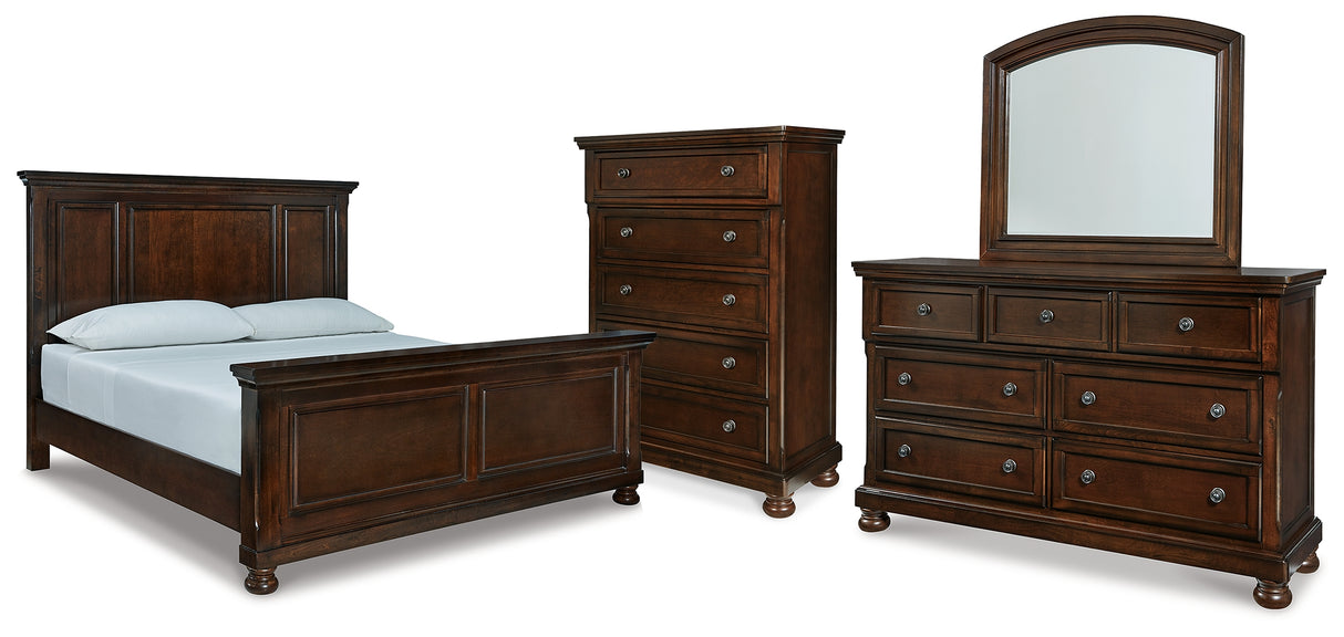 Porter California King Panel Bed with Mirrored Dresser and Chest in Rustic Brown from Ashley Furniture - Luna Furniture