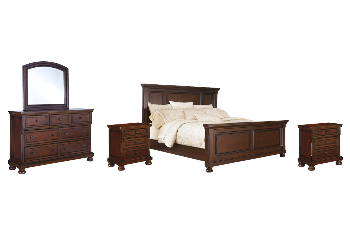 Porter California King Panel Bed with Mirrored Dresser and 2 Nightstands in Rustic Brown from Ashley Furniture - Luna Furniture