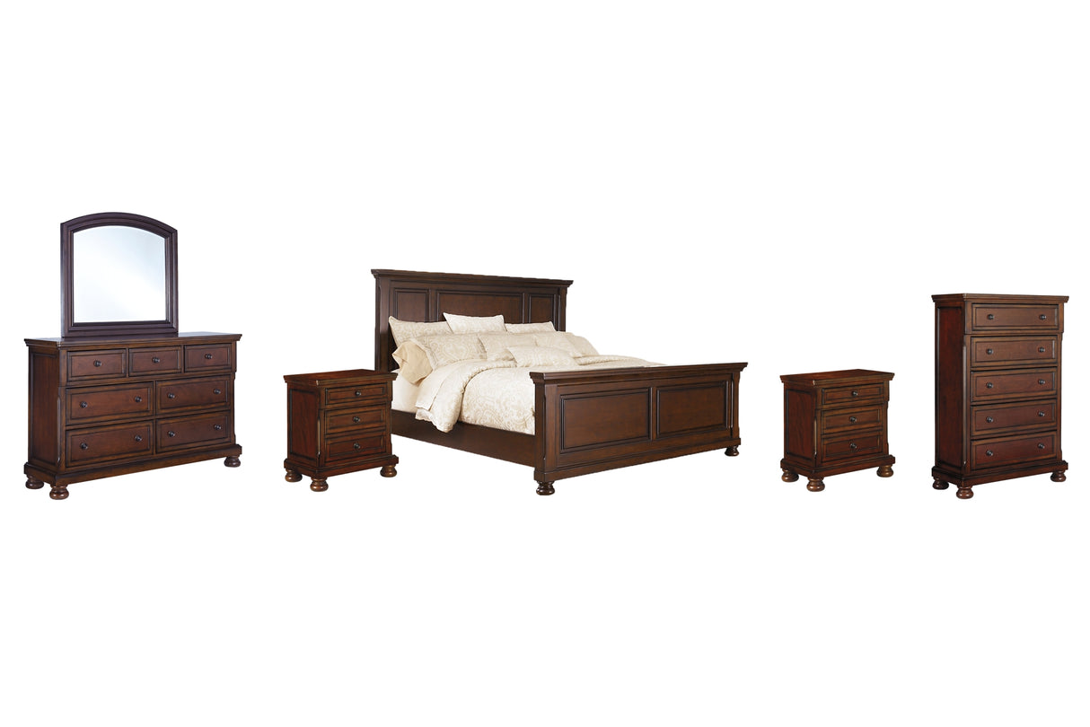 Porter Rustic Brown King Panel Bed with Mirrored Dresser, Chest and 2 Nightstands from Ashley Furniture - Luna Furniture