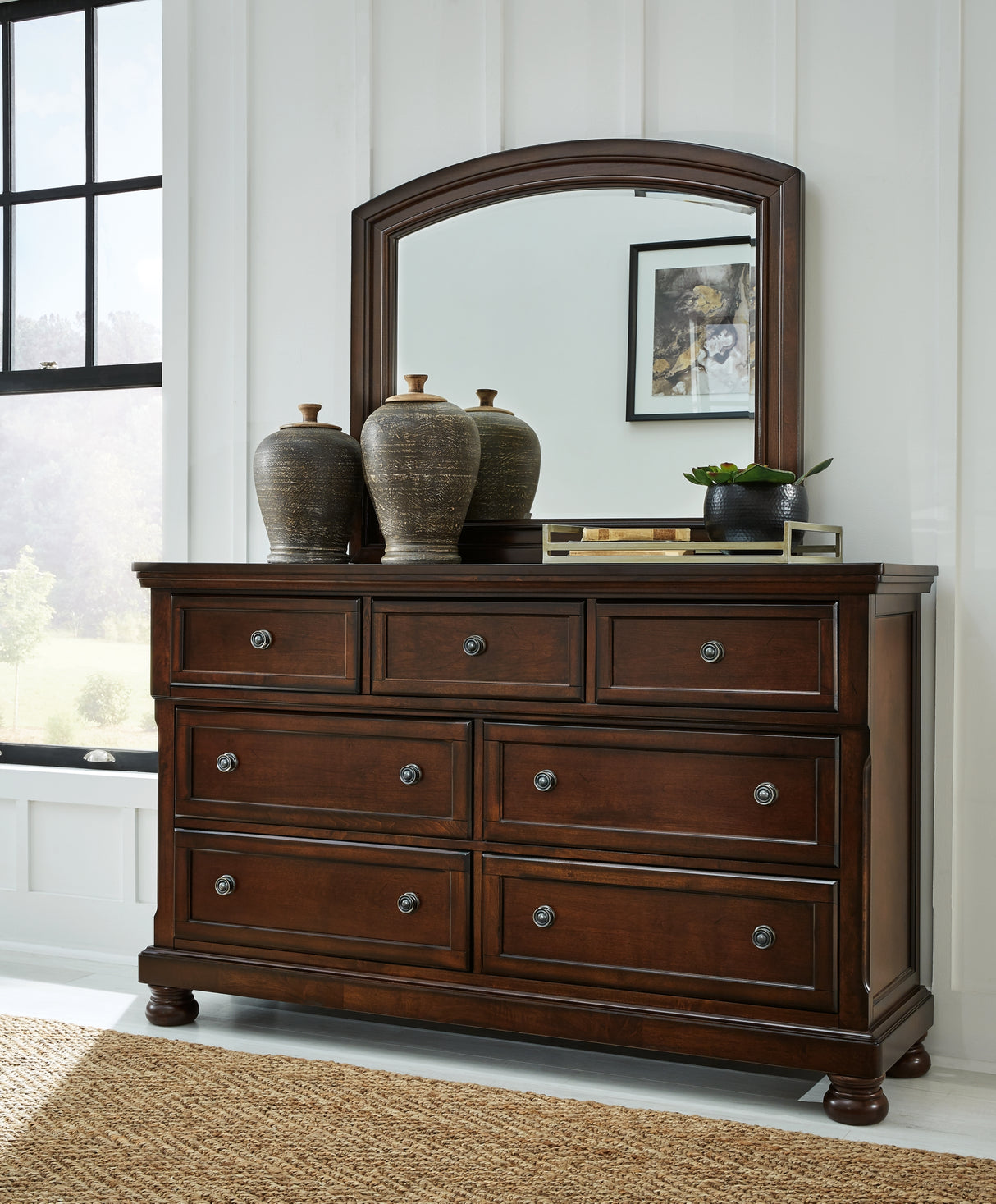Porter California King Panel Bed with Mirrored Dresser, Chest and 2 Nightstands in Rustic Brown from Ashley Furniture - Luna Furniture