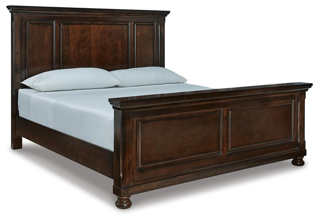 Porter California King Panel Bed with Mirrored Dresser, Chest and 2 Nightstands in Rustic Brown from Ashley Furniture - Luna Furniture