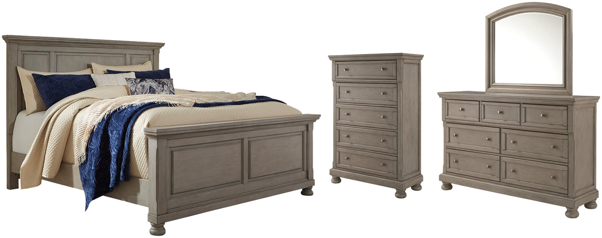 Lettner Light Gray Queen Panel Bed with Mirrored Dresser and 2 Nightstands from Ashley Furniture - Luna Furniture