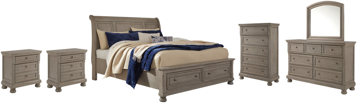 Lettner Light Gray California King Sleigh Bed with Mirrored Dresser, Chest and 2 Nightstands from Ashley Furniture - Luna Furniture