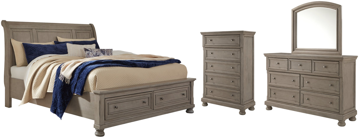 Lettner Light Gray California King Sleigh Bed with Mirrored Dresser and Chest from Ashley Furniture - Luna Furniture