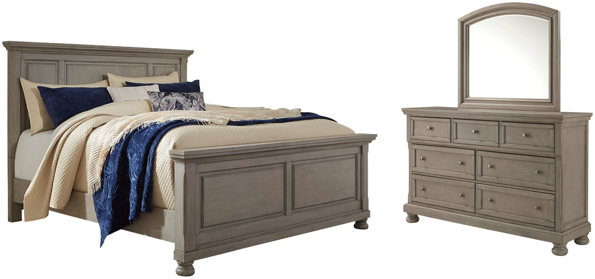 Lettner Light Gray Queen Panel Bed with Mirrored Dresser from Ashley Furniture - Luna Furniture