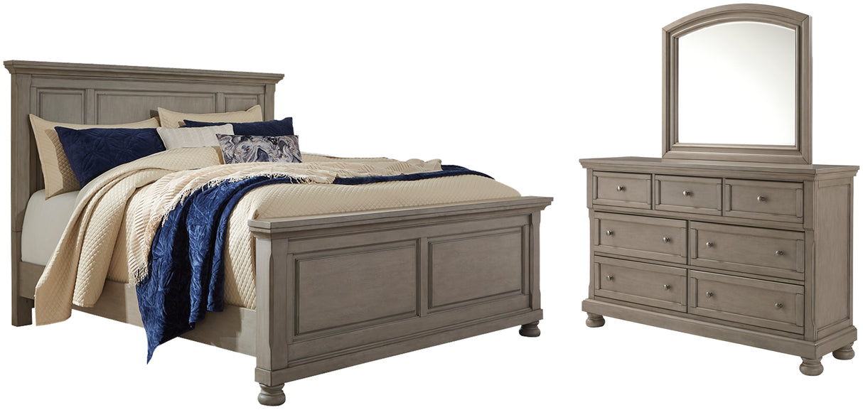 Lettner Light Gray King Panel Bed with Mirrored Dresser from Ashley Furniture - Luna Furniture