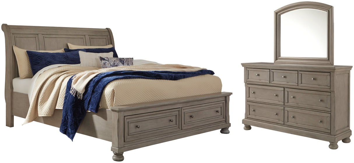 Lettner Light Gray Queen Sleigh Bed with 2 Storage Drawers with Mirrored Dresser from Ashley Furniture - Luna Furniture