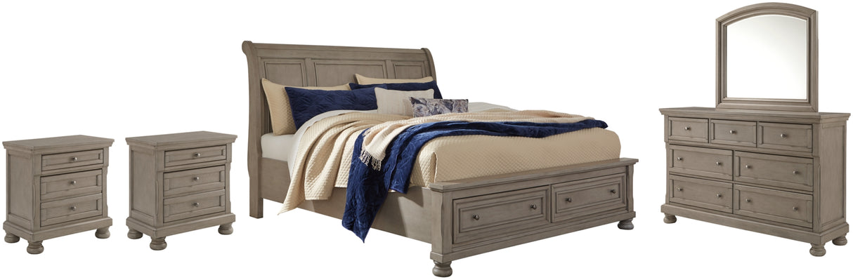 Lettner Light Gray King Sleigh Bed with 2 Storage Drawers with Mirrored Dresser and 2 Nightstands from Ashley Furniture - Luna Furniture