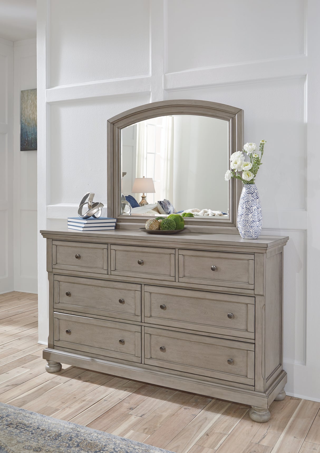 Lettner Light Gray Queen Panel Bed with Mirrored Dresser from Ashley Furniture - Luna Furniture